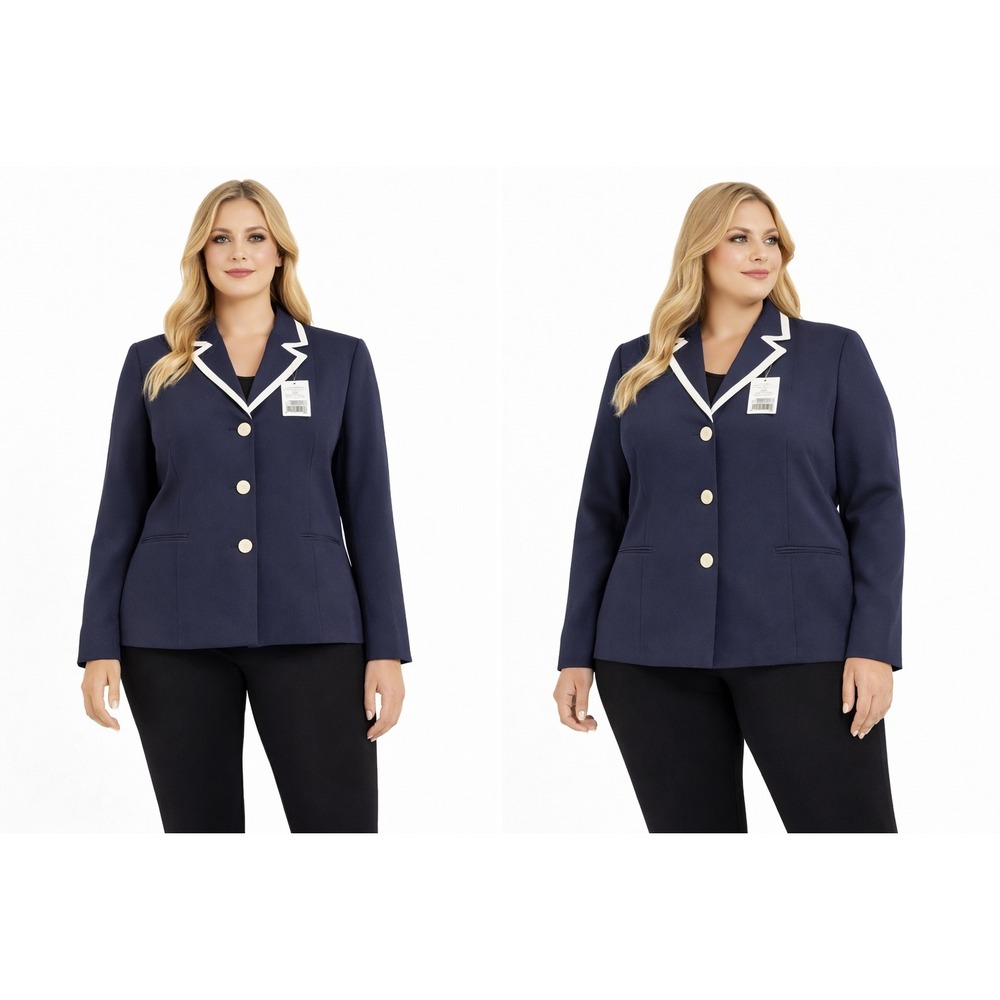 Casual Corner Women Blazer Jacket‎ Sz 10 Navy White Button Front Classic Preppy